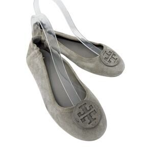 Tory Burch Taupe Suede Minnie Ballet Flats Women's Size 8.5 VGUC T Logo Detail